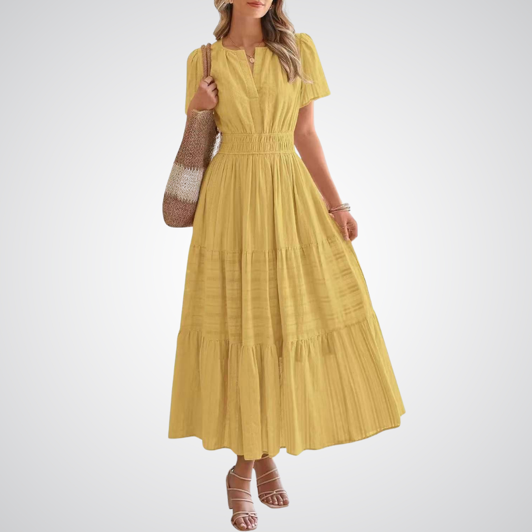 Split Neck Flutter Sleeve Smocked Waist Tiered Maxi Dress 10