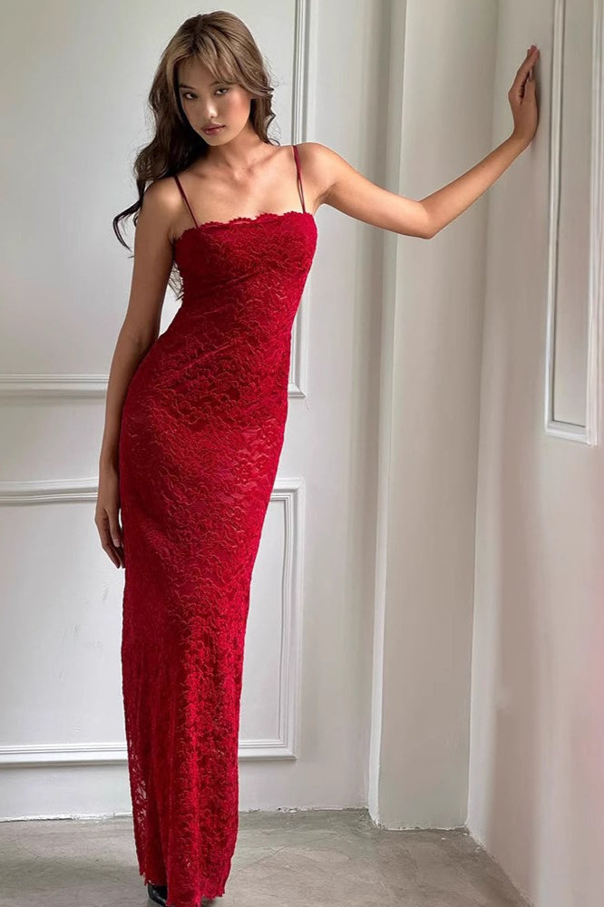 Lace Spaghetti Strap Straight Neck Bodycon Slip Maxi Dress - View 2