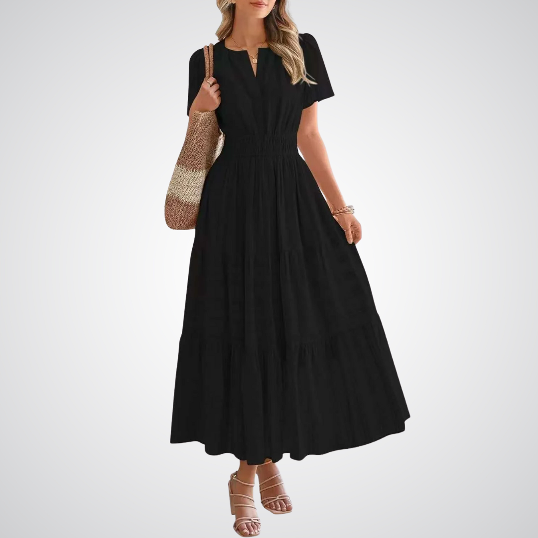 Split Neck Flutter Sleeve Smocked Waist Tiered Maxi Dress 11