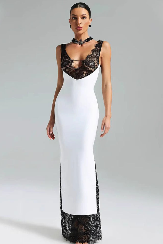Deep V-Neck Lace Bodycon Mini Dress