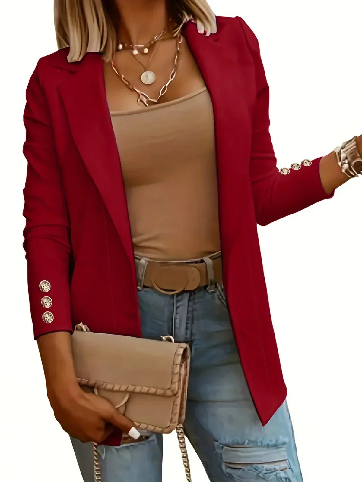 Notch Lapel Button Cuff Open Front Blazer 9