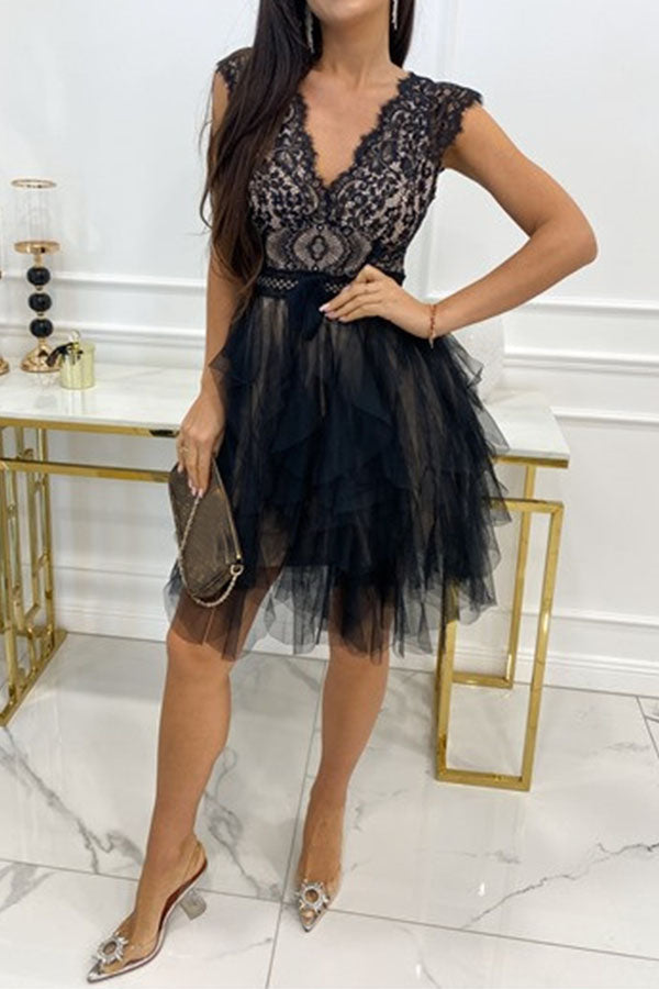 Lace V-Neck Tiered Tulle Fit and Flare Mini Dress - View 14