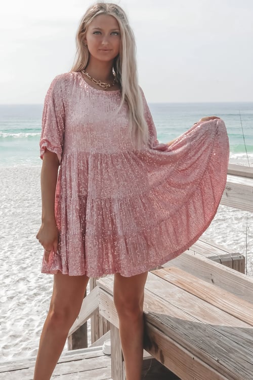 Sequin Crew Neck Half Sleeve Tiered Ruffle Babydoll Mini Dress - View 5