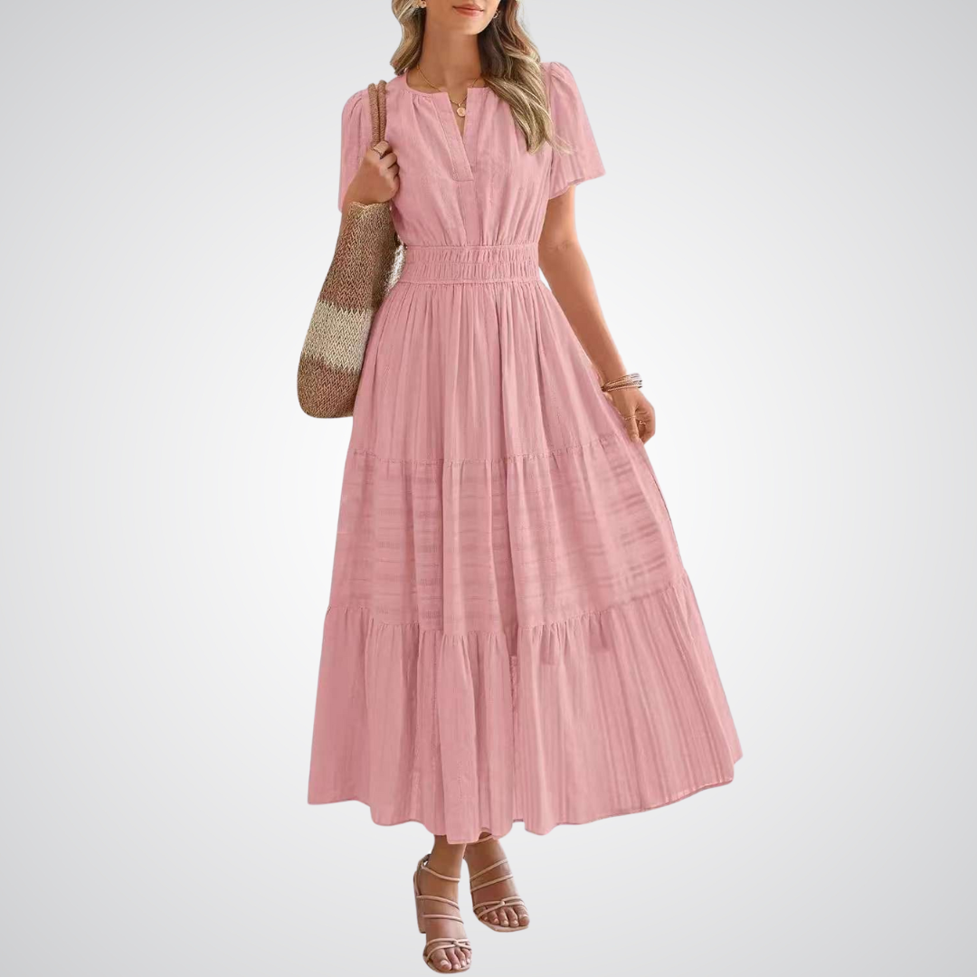 Split Neck Flutter Sleeve Smocked Waist Tiered Maxi Dress