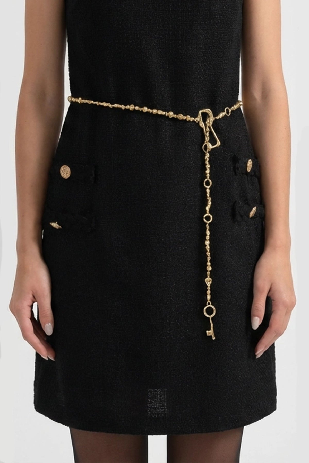 Tweed Sleeveless Chain Belt Key Charm Button Pocket Mini Dress