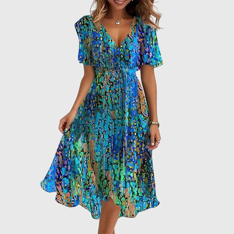 Floral Print V-Neck Flutter Sleeve Handkerchief Hem Midi Dress 2