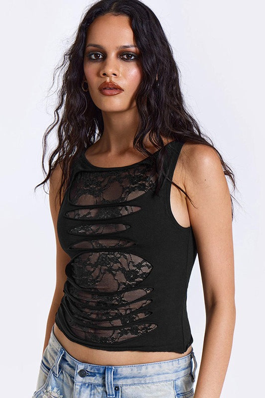 Scoop Neck Sleeveless Lace Cut Out Tank Top