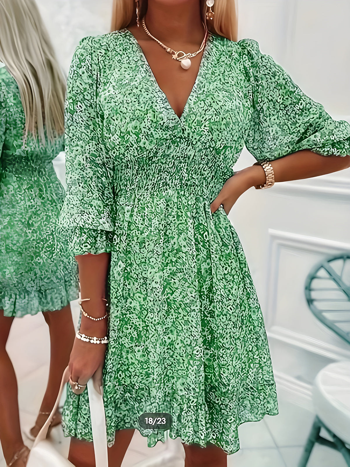 Ditsy Floral V-Neck Long Sleeve Ruffle Hem Mini Dress 2
