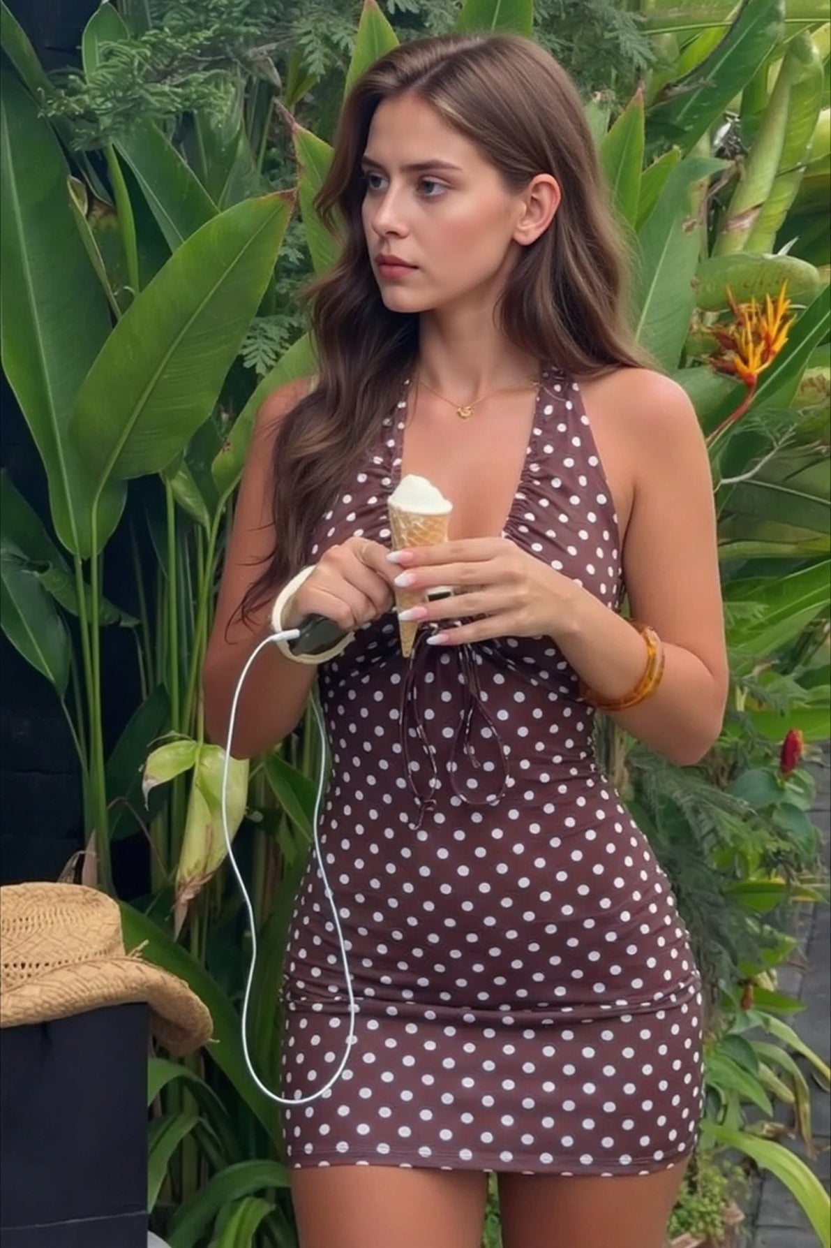 Halter Neck Deep V-Neck Polka Dot Ruched Bodycon Mini Dress 4