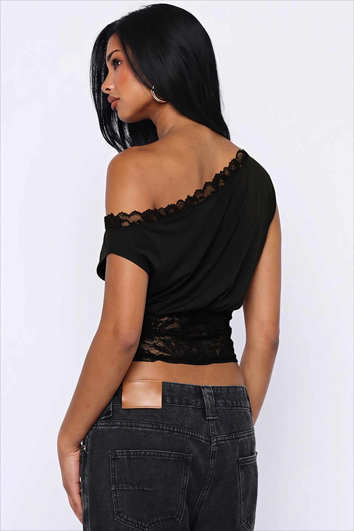 Asymmetric Neck Lace Trim Satin Top 3