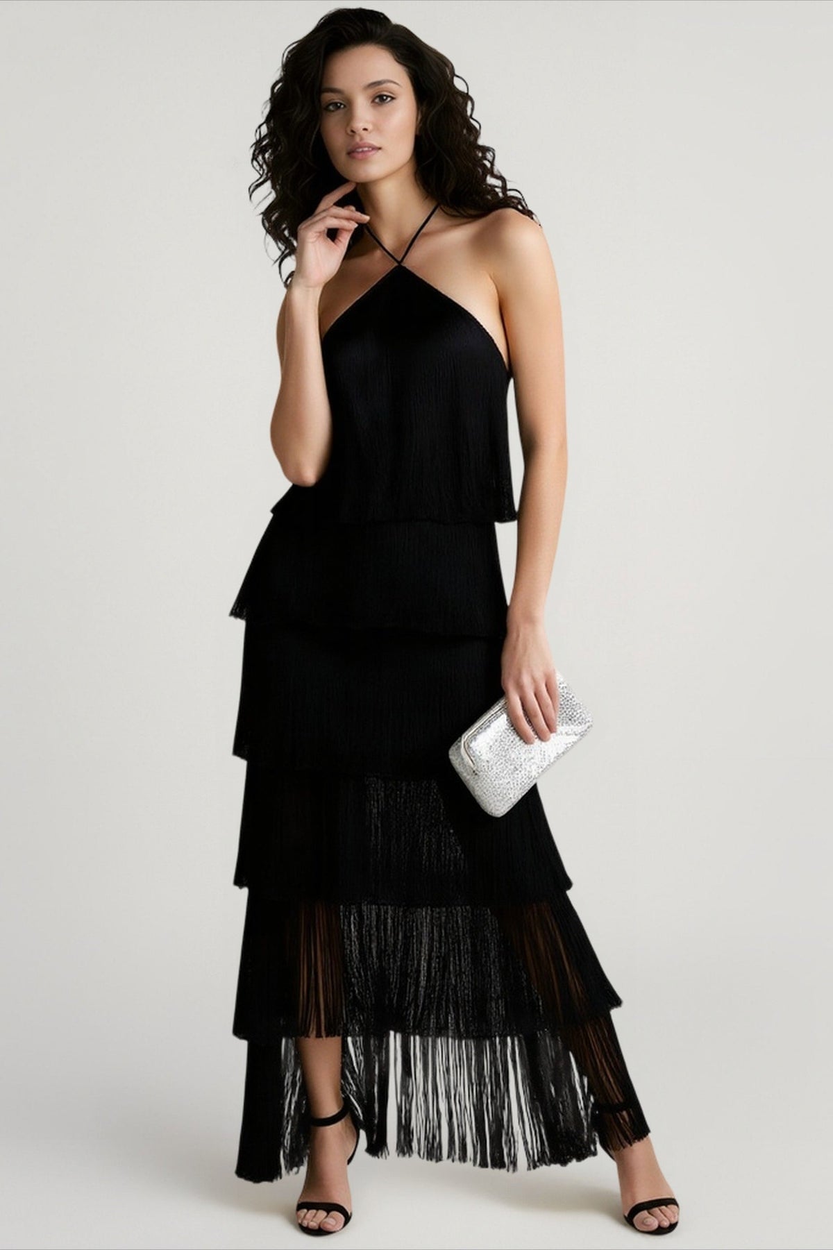 Chic Halter Fringe Backless Slit Cocktail Dress - View 3