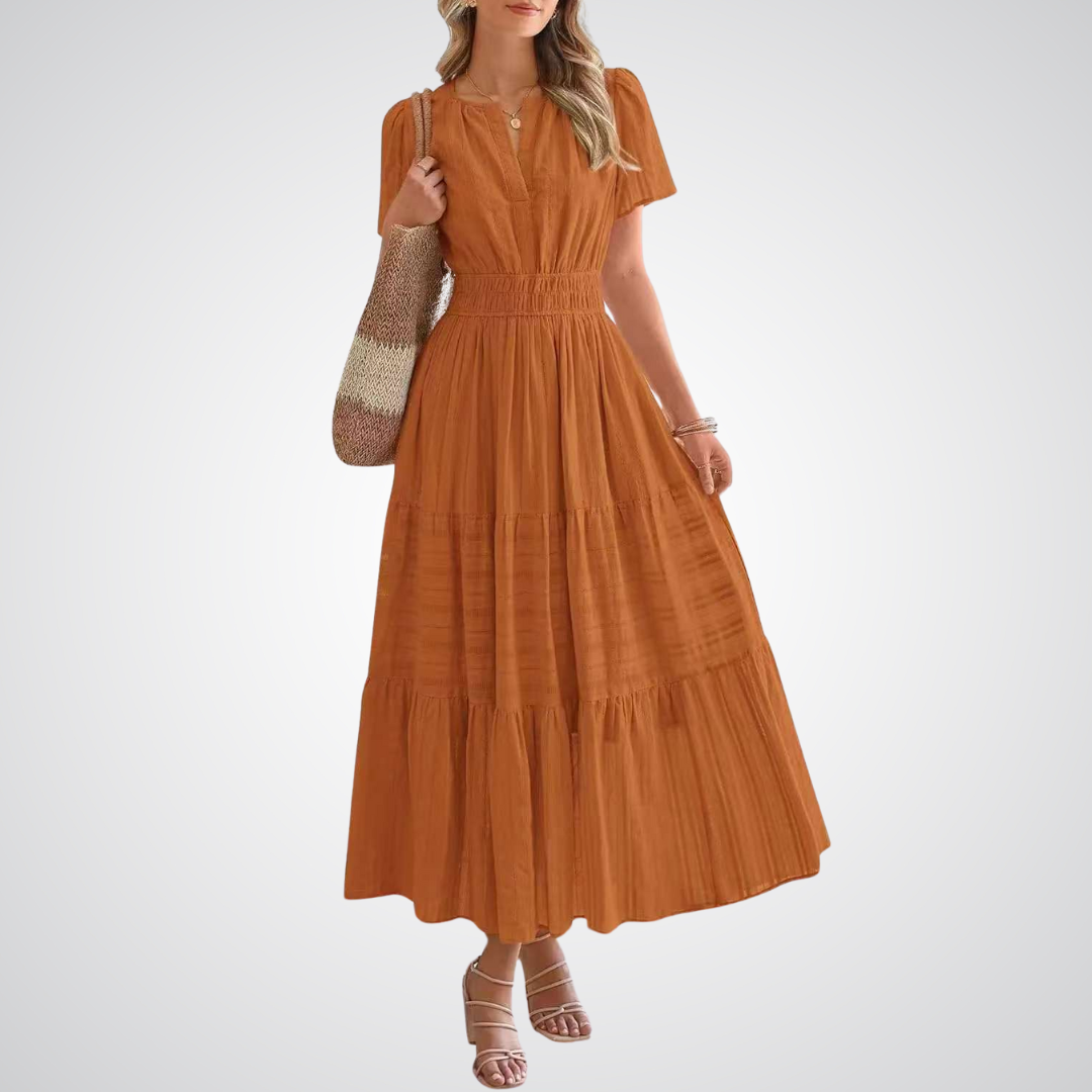 Split Neck Flutter Sleeve Smocked Waist Tiered Maxi Dress 3