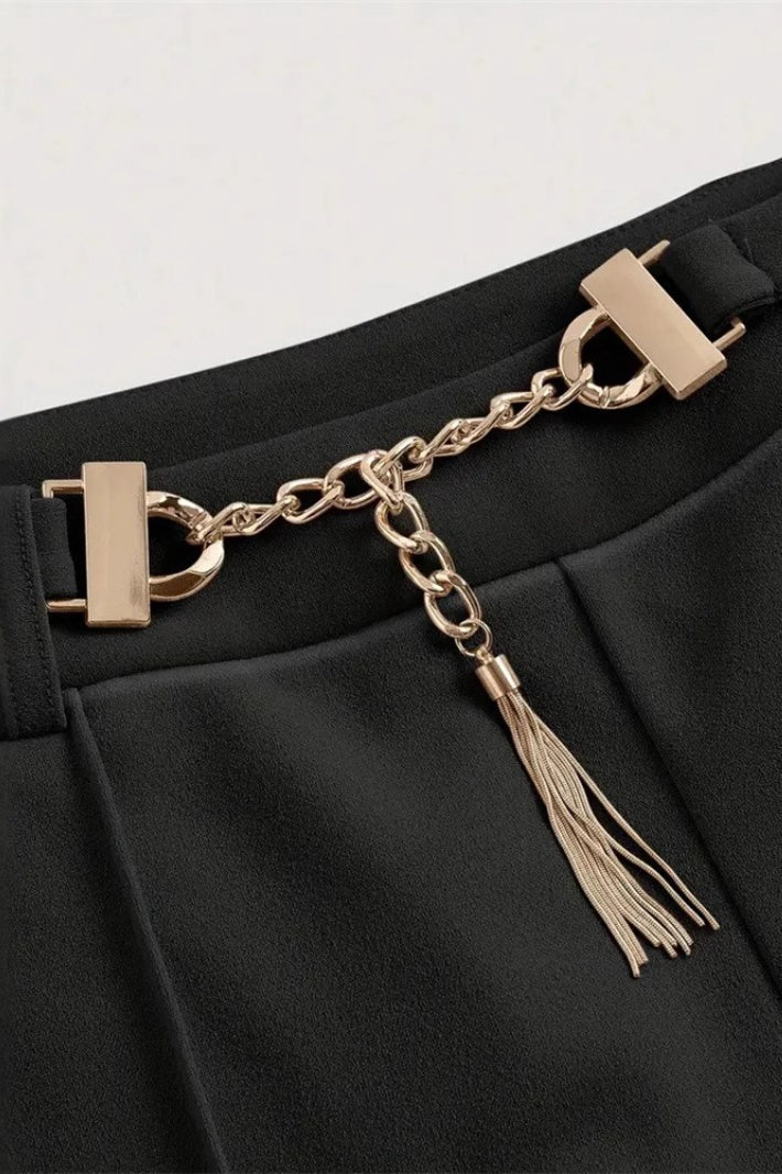 High Waist Straight Metal Belted Office Drape Pants