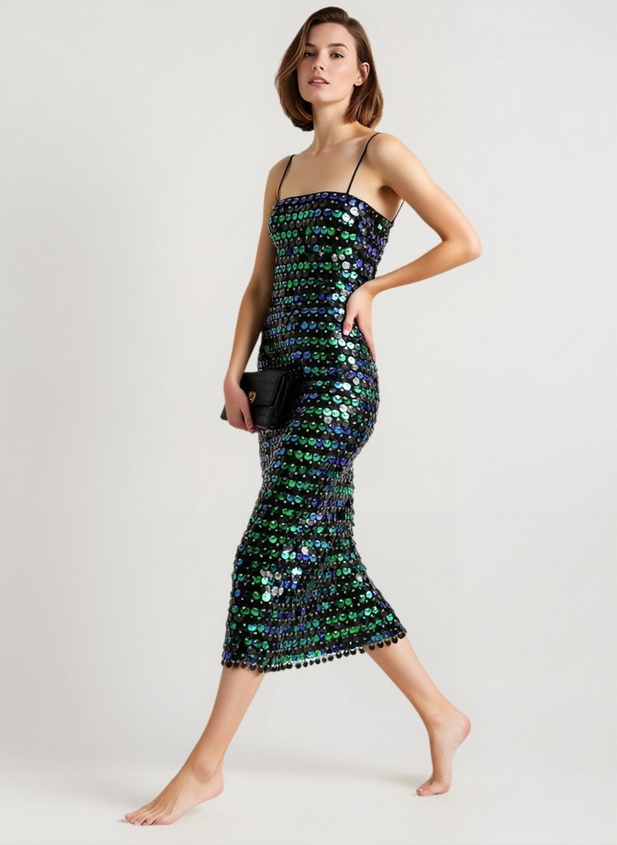 Sequin Striped Spaghetti Strap Square Neck Bodycon Midi Dress - View 7