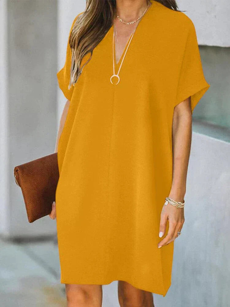 Deep V-Neck Short Sleeve Shift Mini Dress - View 5