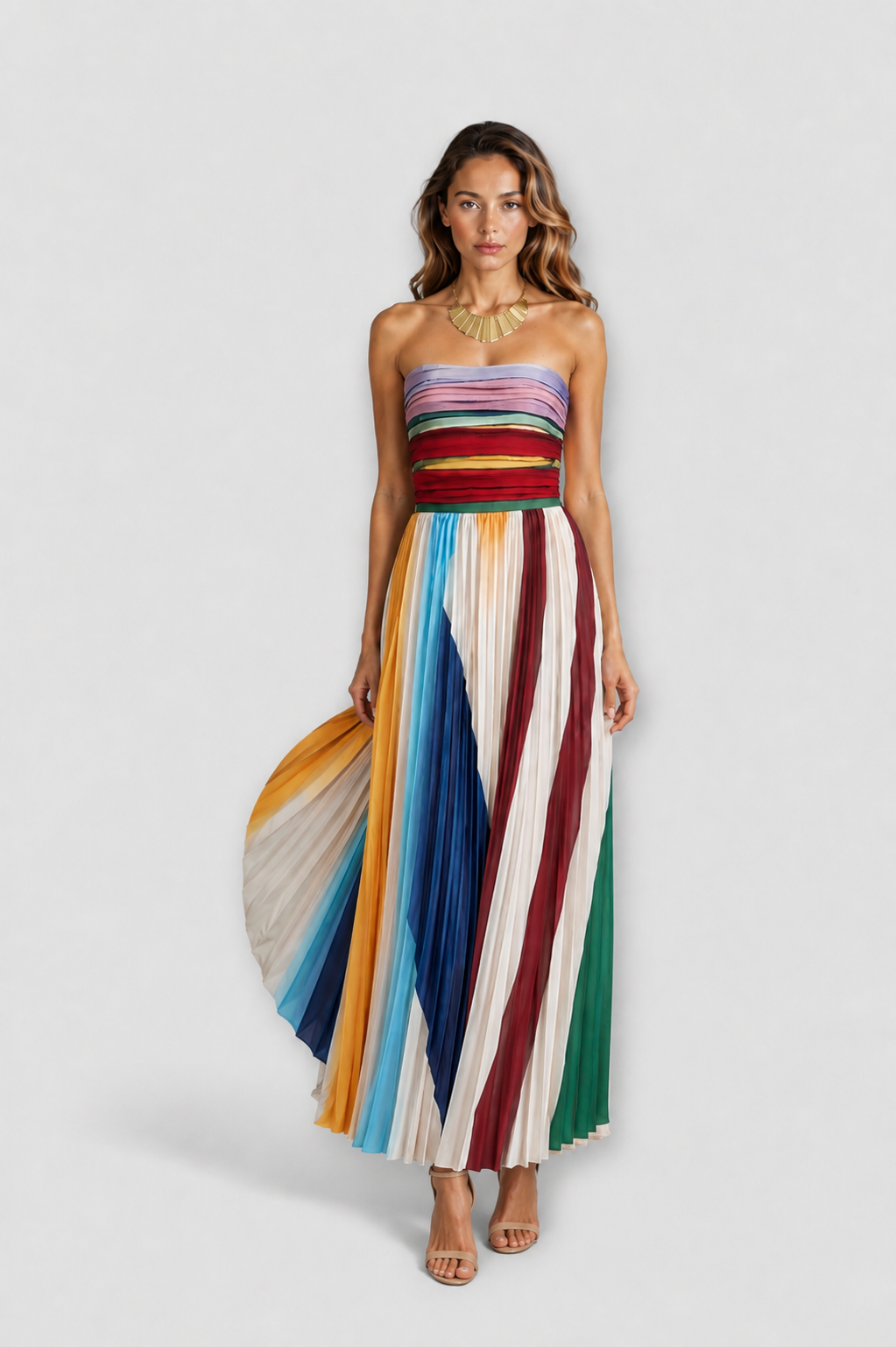 Striped Pleated Strapless Flowy Maxi Dress 3