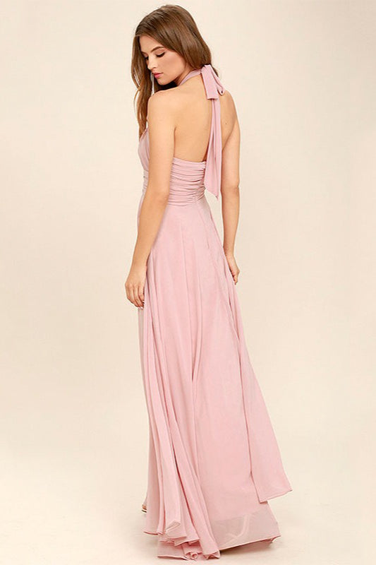 Halter Neck Ruched Chiffon Maxi Gown - View 3