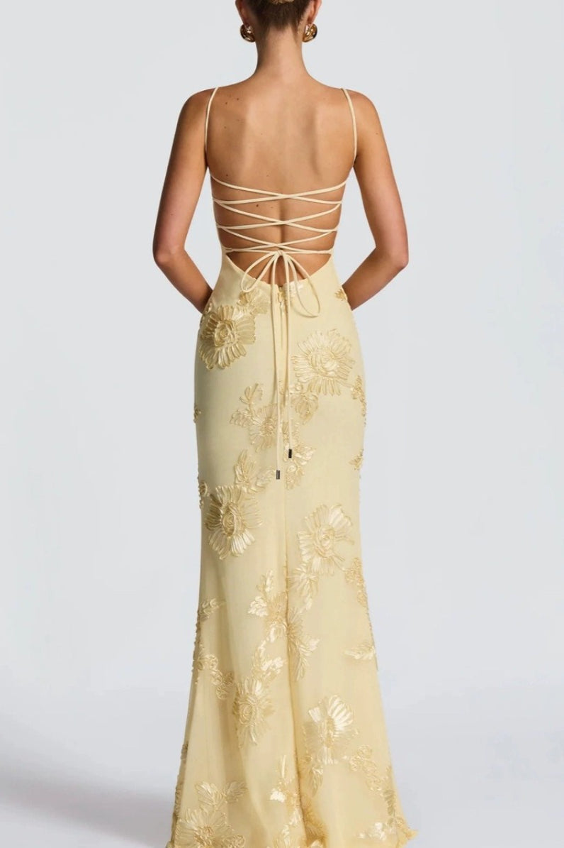 Spaghetti Strap Sweetheart Floral Embroidered Mesh Mermaid Maxi Dress 2
