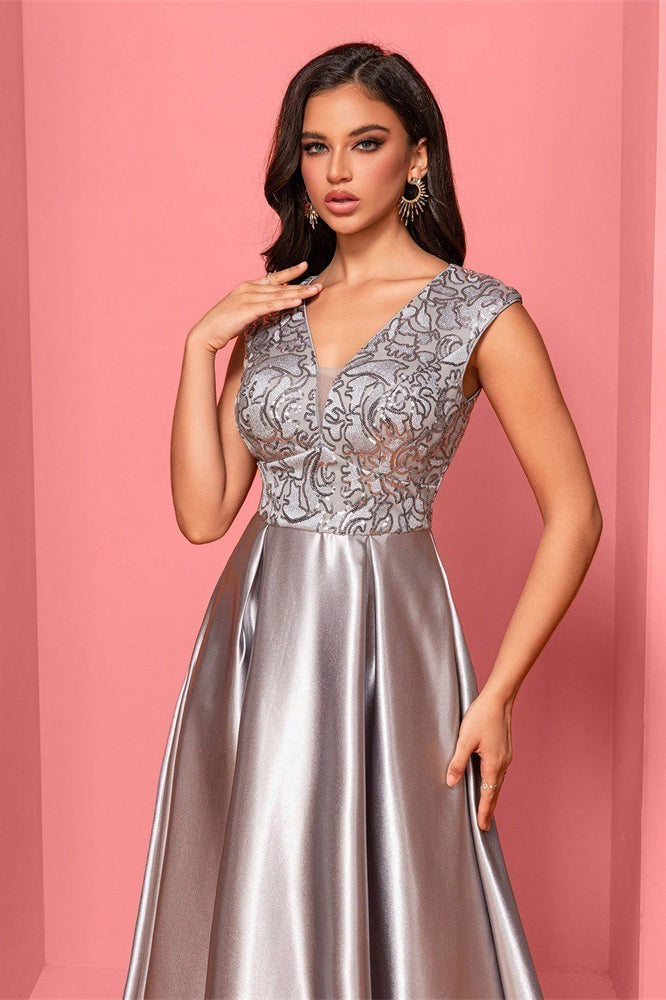 Embellished V-Neck Cap Sleeve Satin A-Line Maxi Dress - View 5