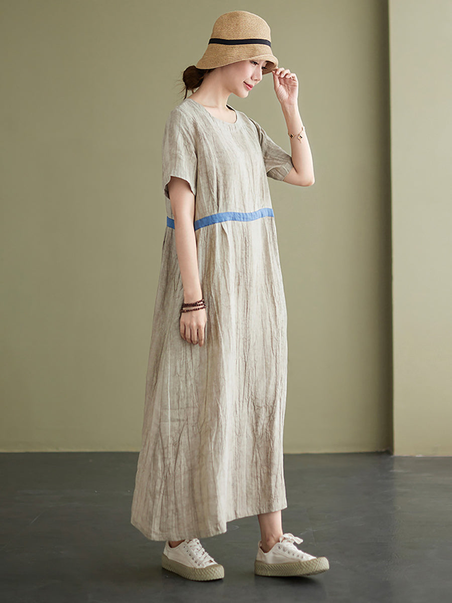 Textured Round Neck Short Sleeve Loose A-Line Maxi Dress - View 2