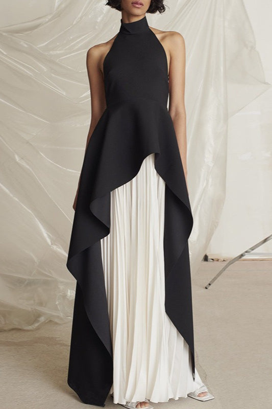 Halter Neck Sleeveless Asymmetric Draped Pleated Maxi Dress