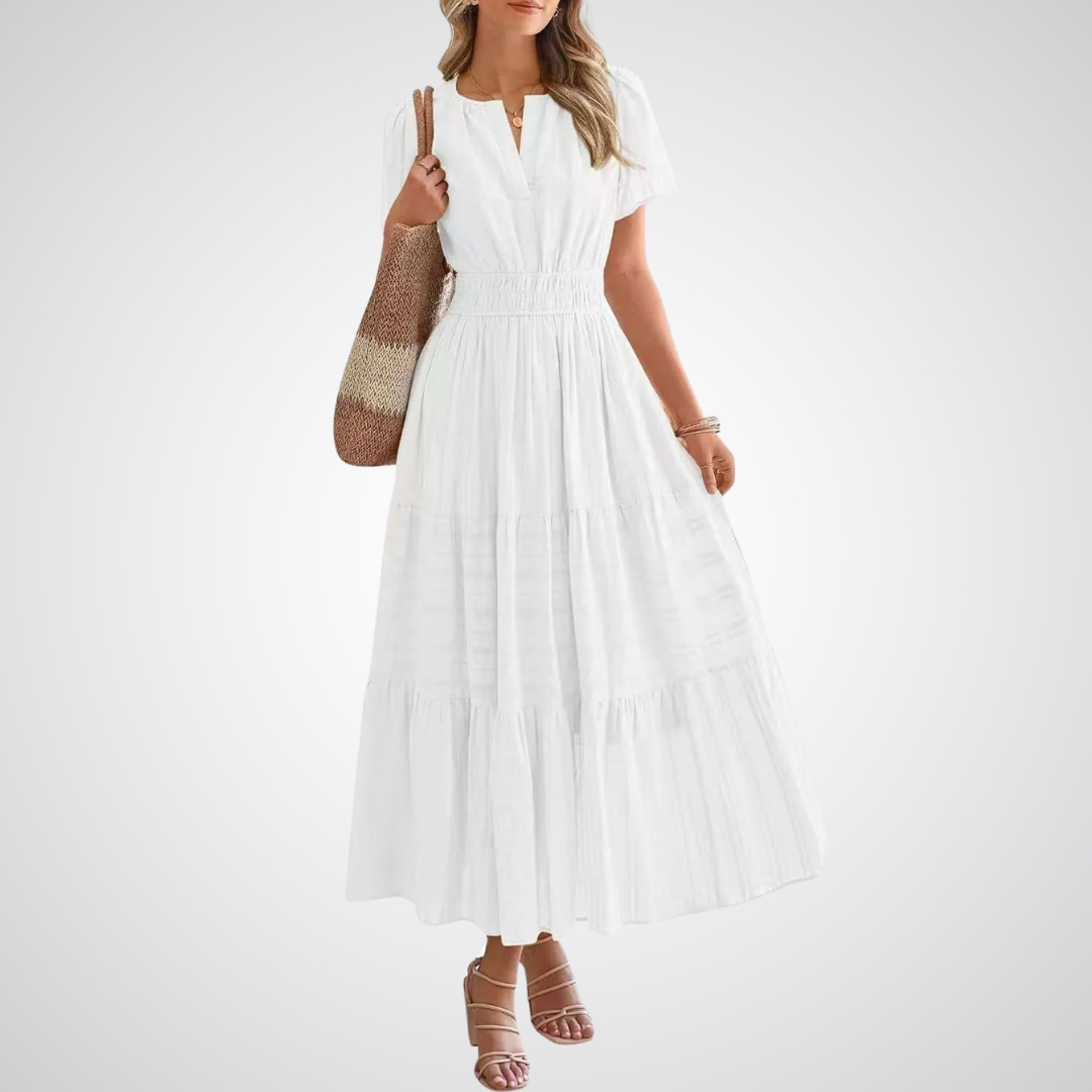 Split Neck Flutter Sleeve Smocked Waist Tiered Maxi Dress 4