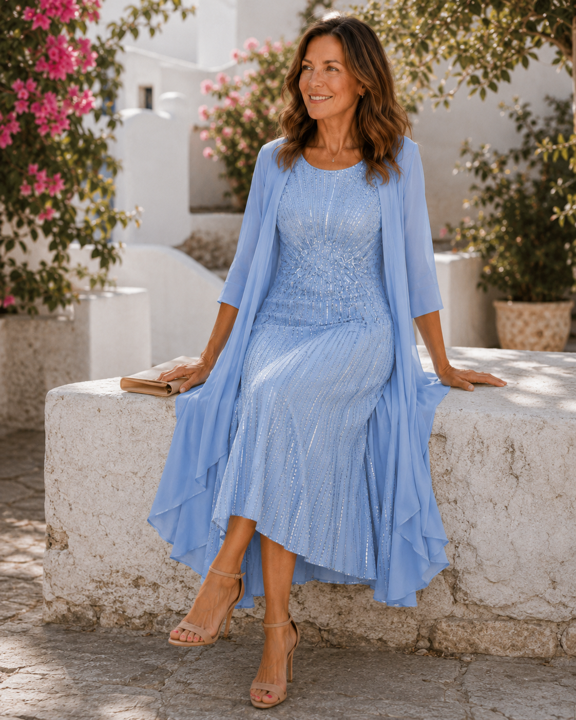 Beaded Sleeveless Fit and Flare Midi Dress and Chiffon Duster Jacket Two Piece Set 2