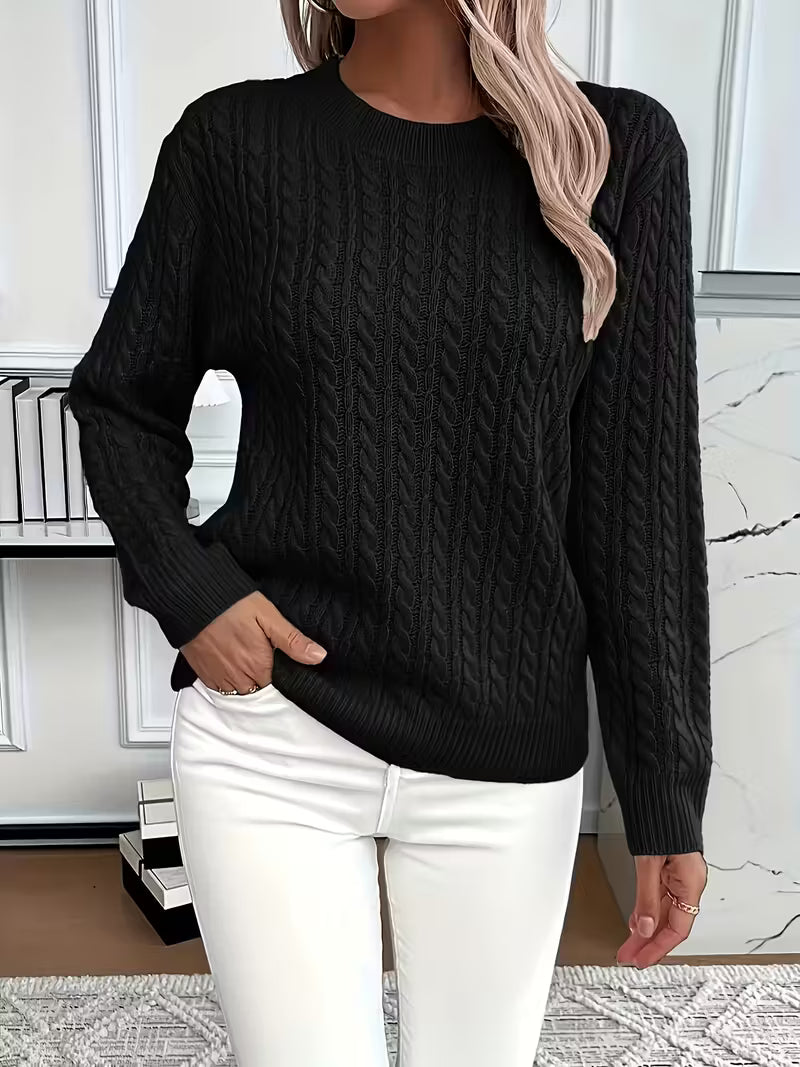 Crew Neck Long Sleeve Pointelle Cable Knit Sweater 12