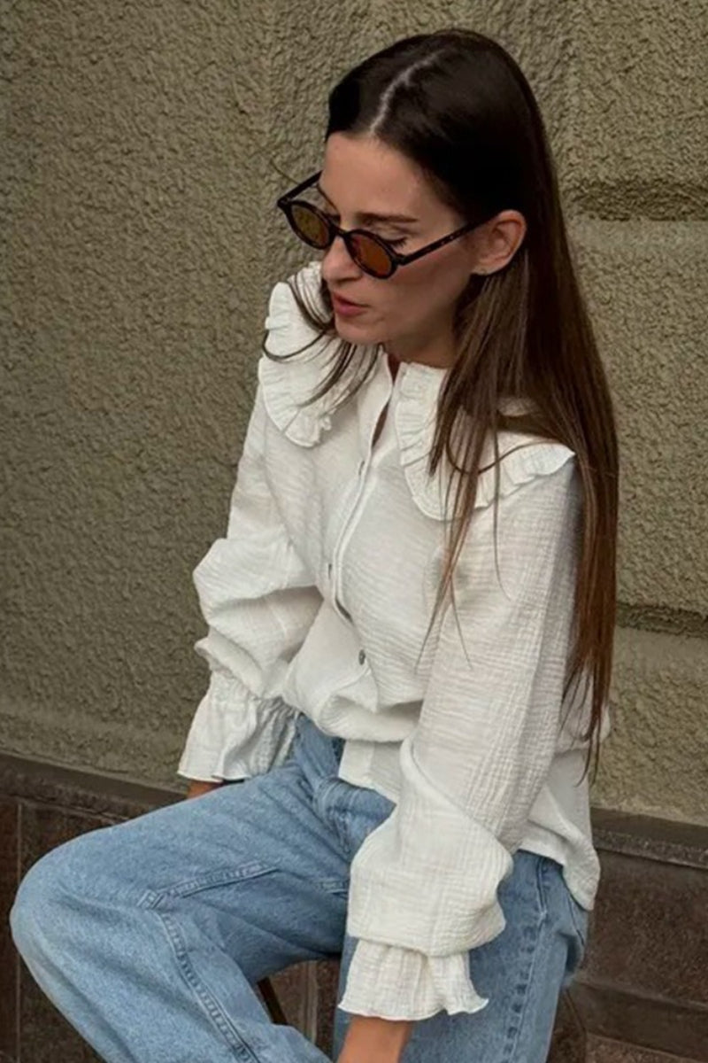 White Ruffle Trim Lantern Blouse