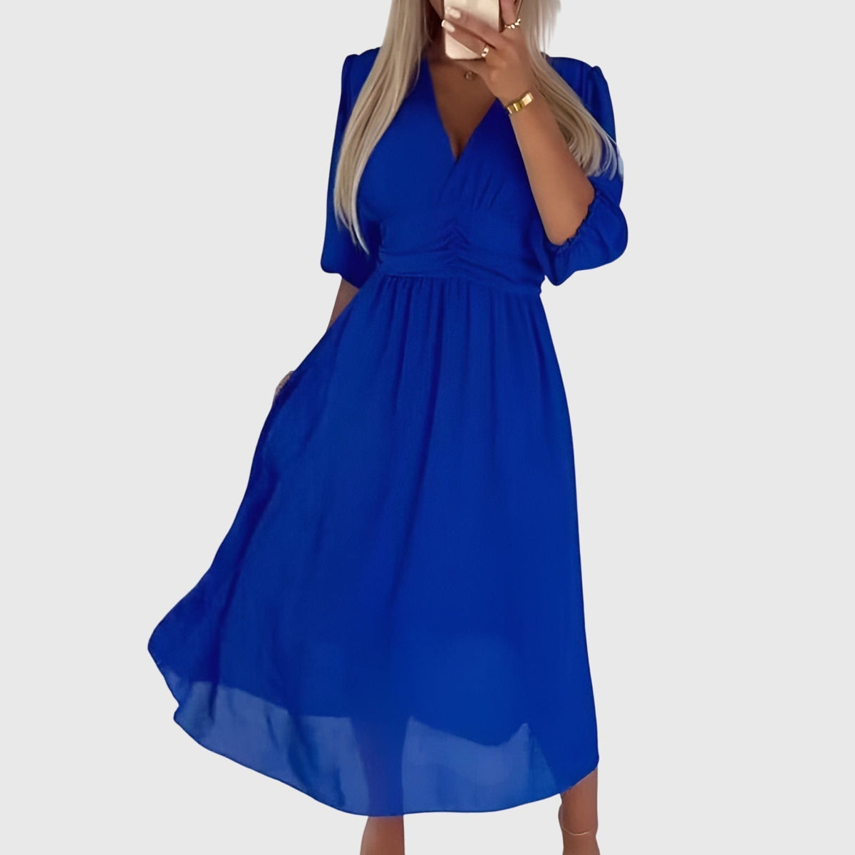 V-Neck Balloon Sleeve Ruched Waist Chiffon Midi Dress 3