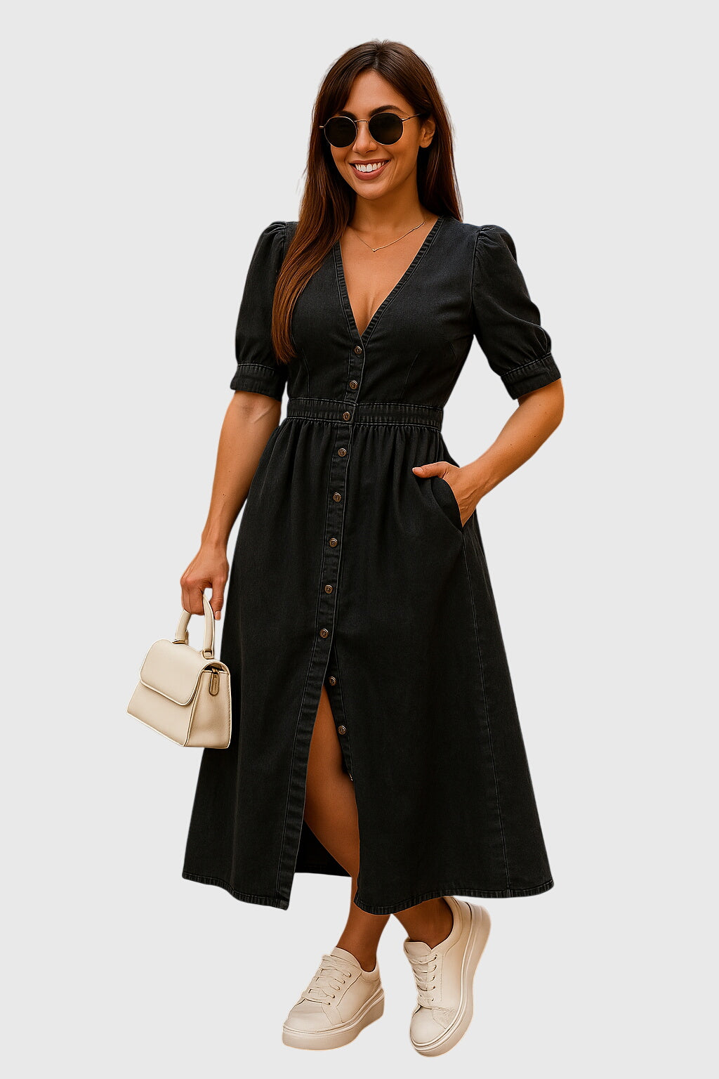 V-Neck Tie Sleeve Button Front Denim Midi Dress 4