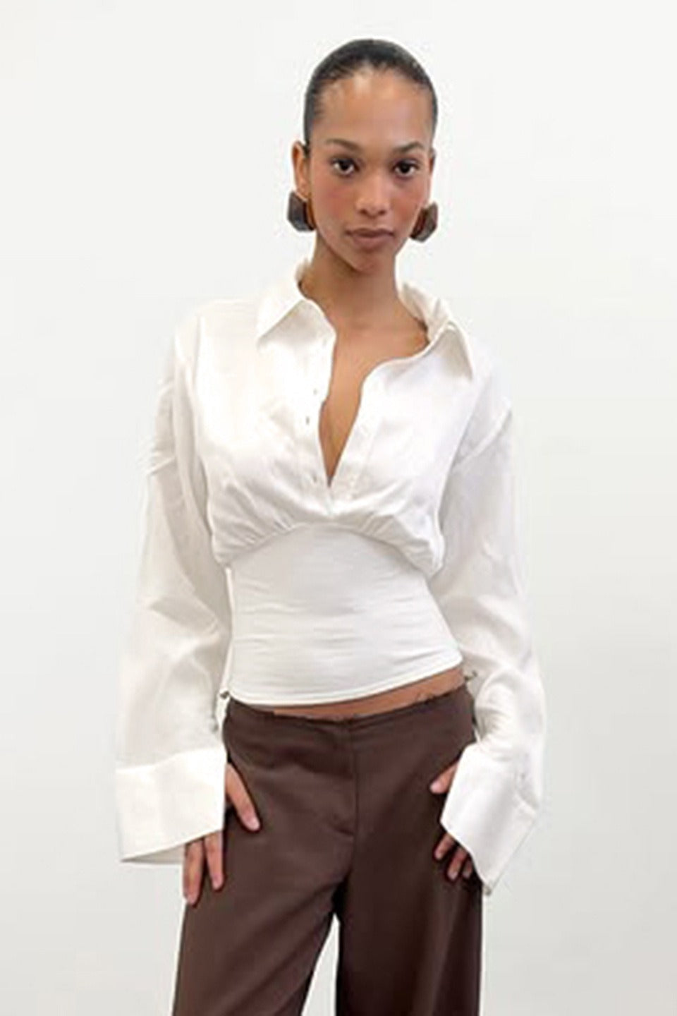 Sleeve Panel Solid Polo Blouse