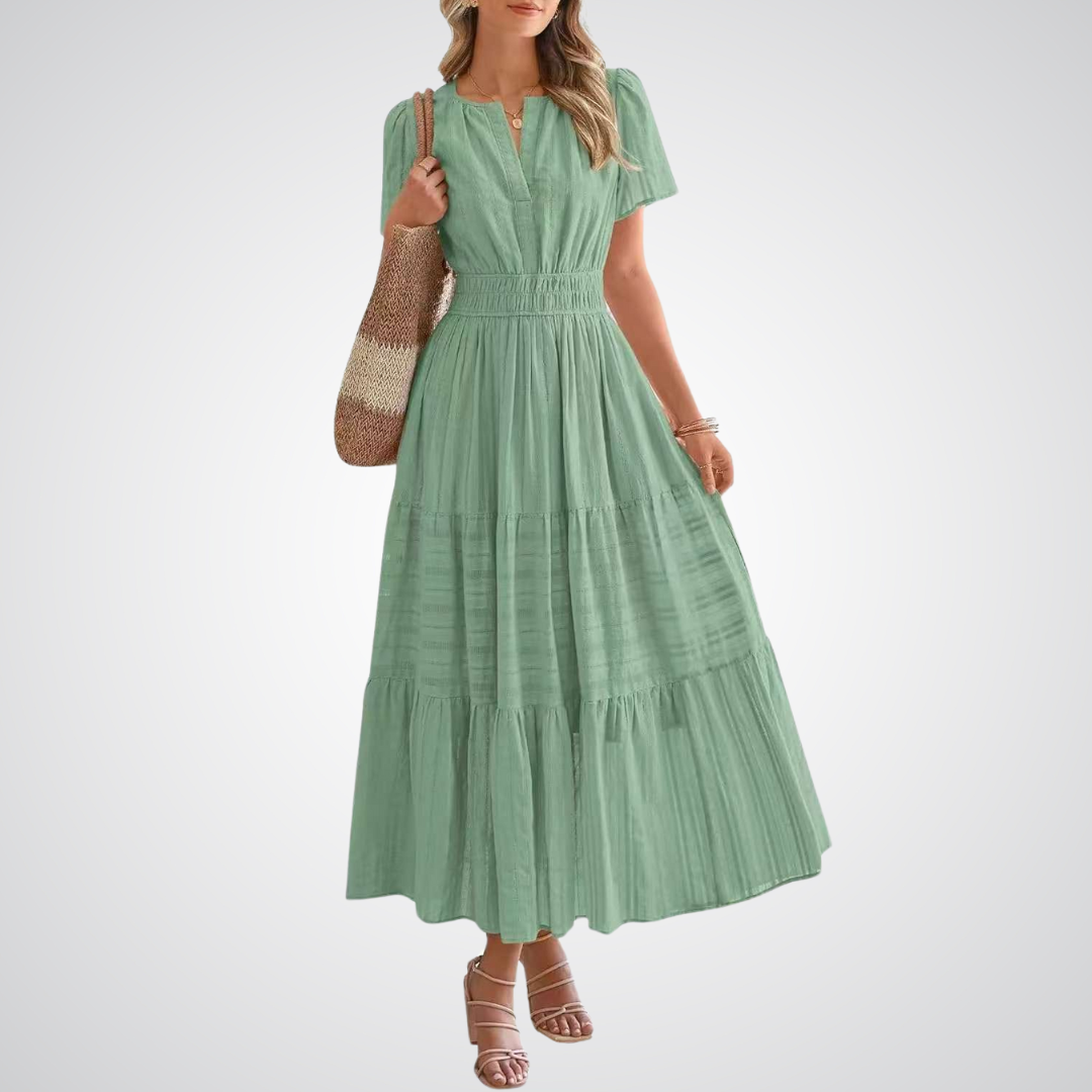 Split Neck Flutter Sleeve Smocked Waist Tiered Maxi Dress 5