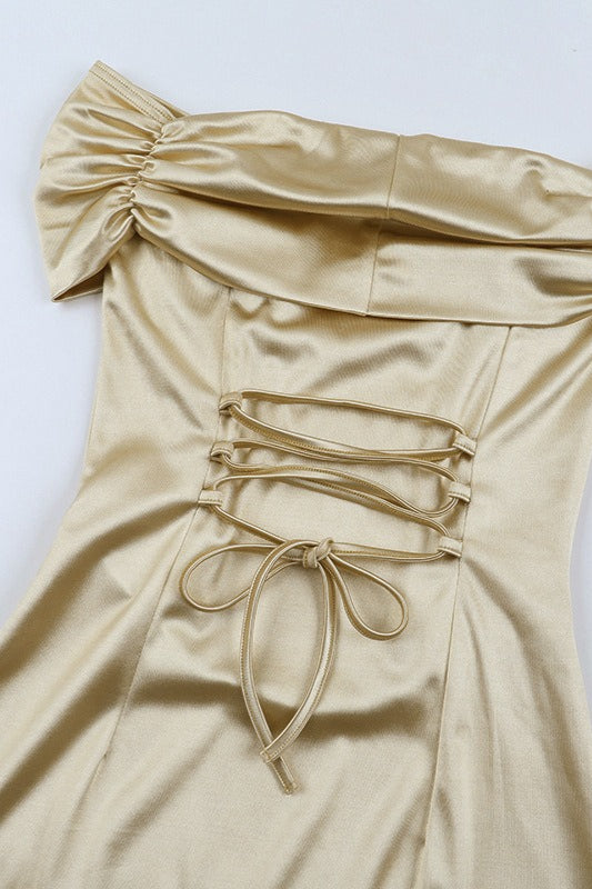 Satin Off Shoulder Ruched Bodycon Maxi Dress in Yellow - View 6