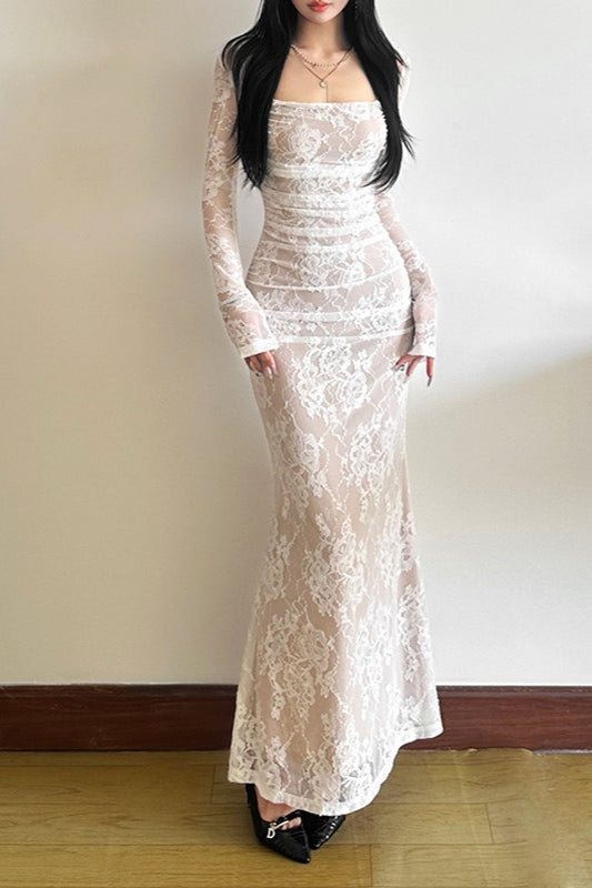 Fish Tail Square Neck Lace Dress