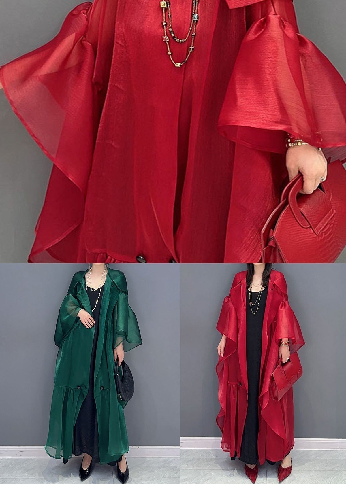 Sheer Pointed Collar Bell Sleeve Tiered Ruffle Oversized Midi Dress - View 5