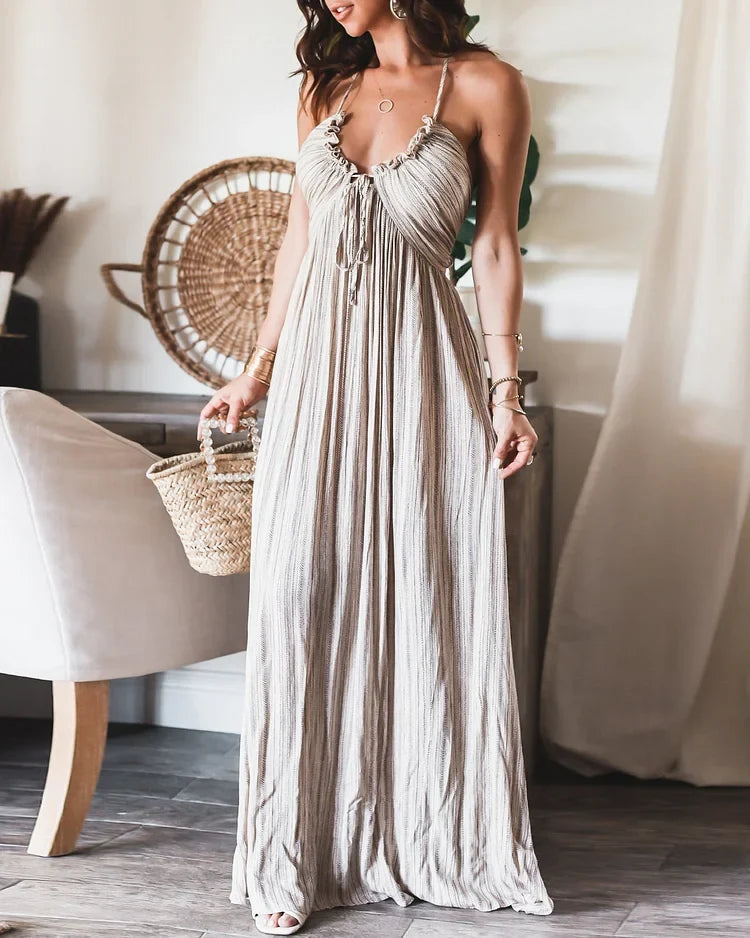 Pinstripe Halter V-Neck Ruffle Drawstring Empire Waist Maxi Dress