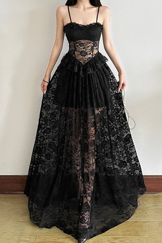 Sleeveless Ruffled Waist Maxi Lace Dress - View 5