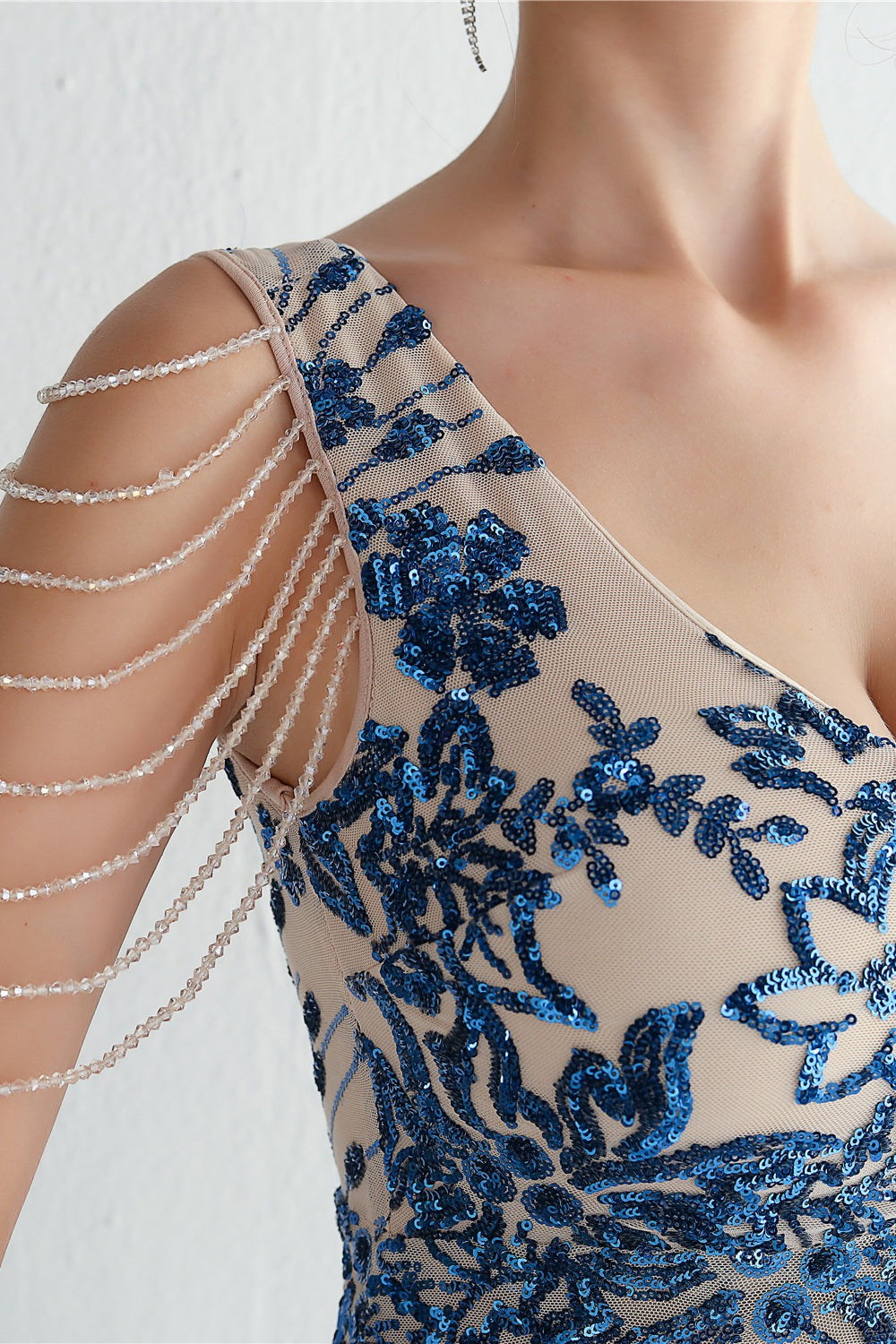 Sequin V-Neck Beaded Fringe Sleeve Mermaid Evening Gown - View 2