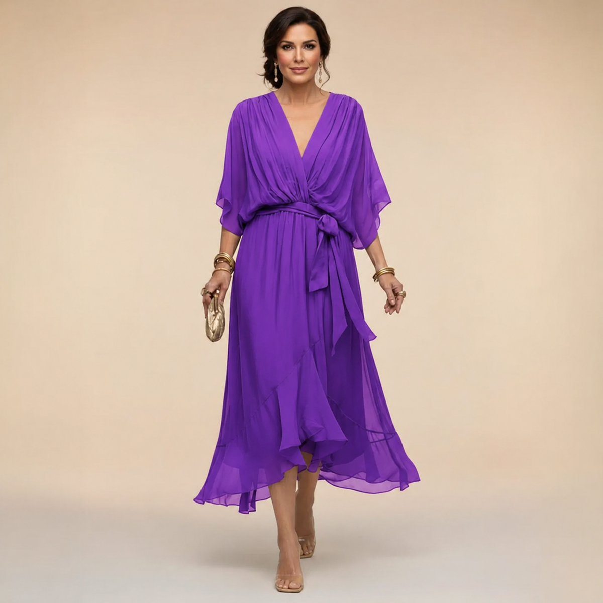 Chiffon Deep V-Neck Flutter Sleeve Tie Waist Ruffle Midi Dress 11