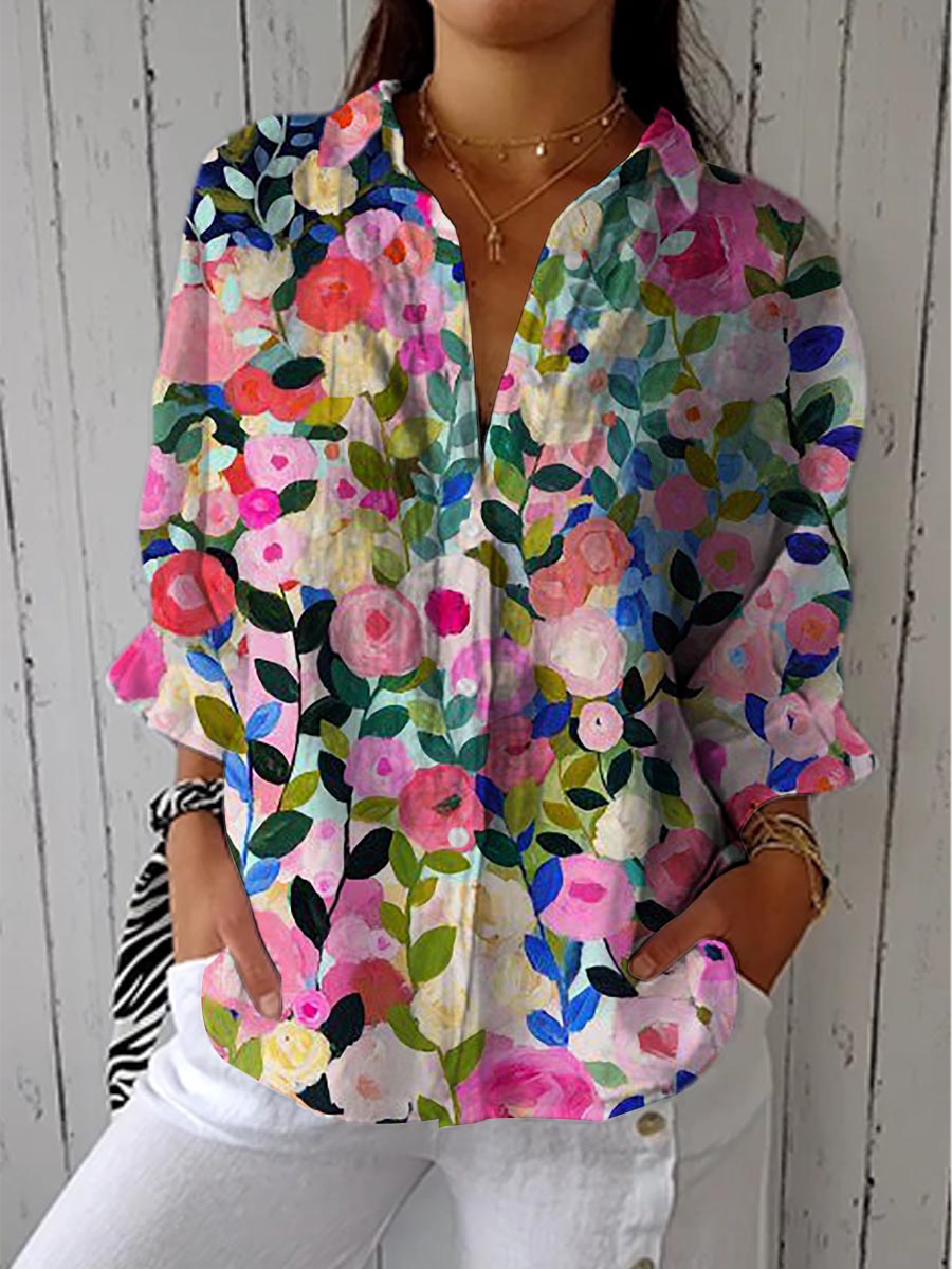 Floral Print Split Neck Roll Sleeve Linen-Look Blouse 2