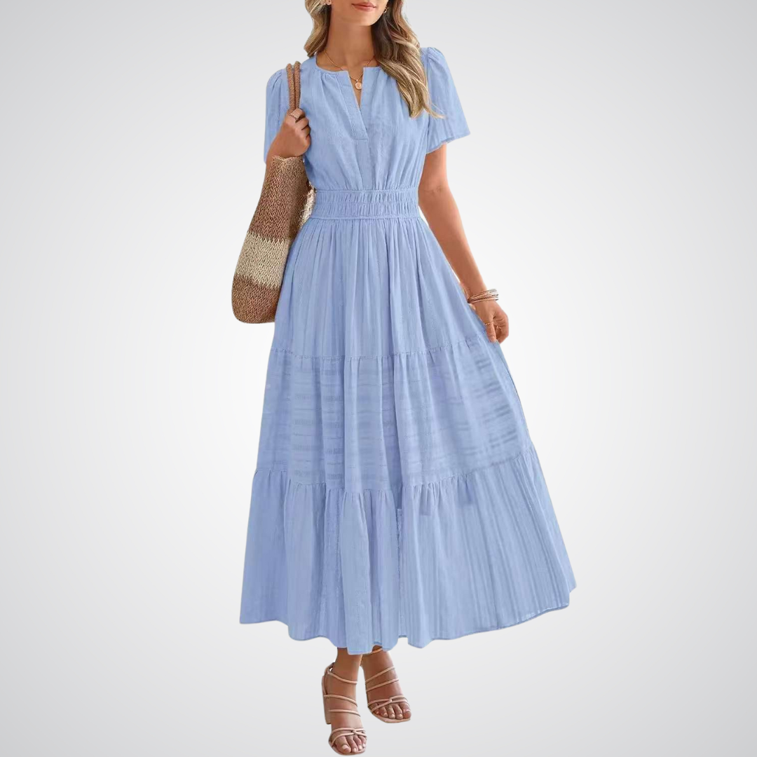 Split Neck Flutter Sleeve Smocked Waist Tiered Maxi Dress 6