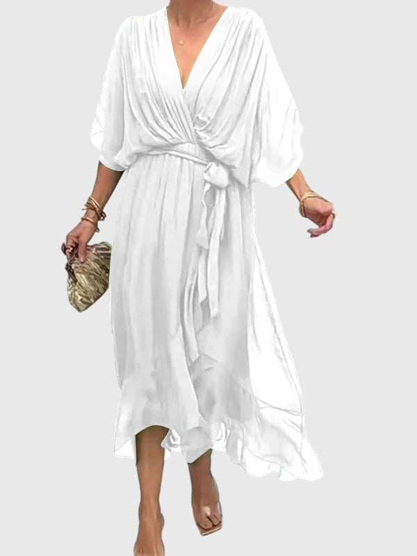 Chiffon V-Neck Batwing Sleeve Belted High Low Midi Dress 7