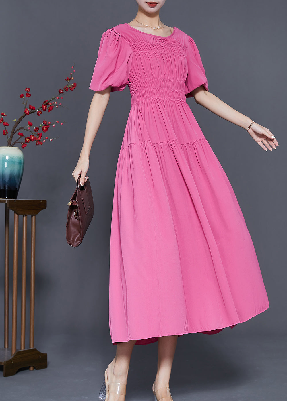 Puff Sleeve Smocked Bodice Empire Waist Tiered A-Line Maxi Dress - View 3