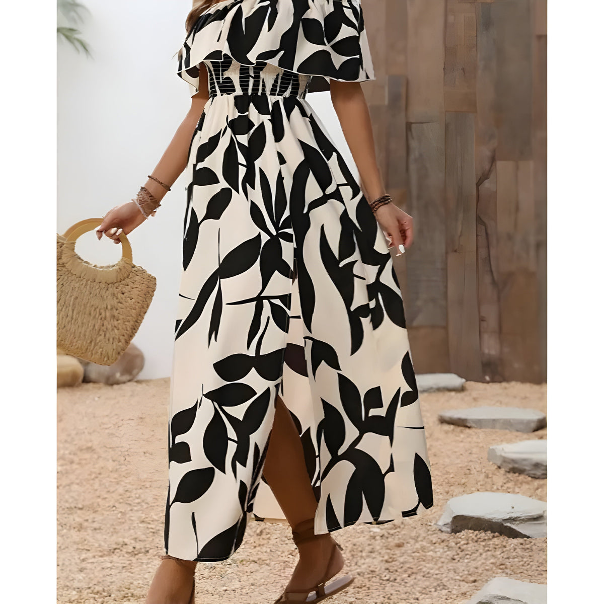 Leaf Print Off Shoulder Ruffle Smocked High Split Maxi Dress 3