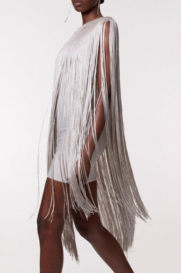 One Shoulder Fringe Overlay Bodycon Mini Cocktail Dress - View 4