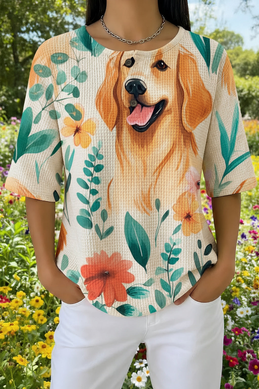 Golden Retriever Floral Print Henley Waffle Top