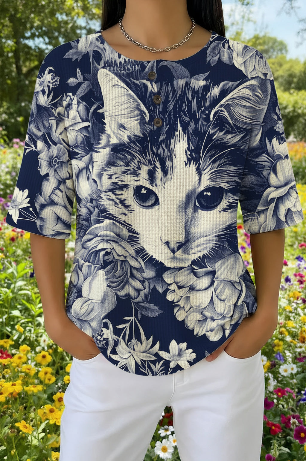Round Neck Short Sleeve Cat Portrait Floral Button Top