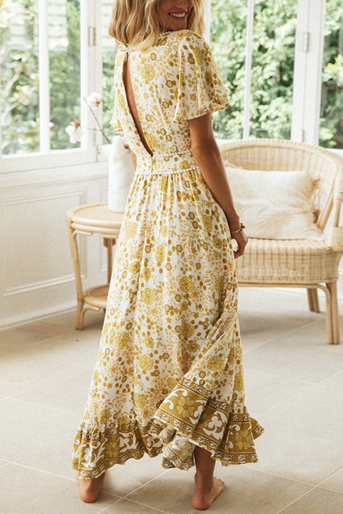 Floral Print Deep V-Neck Pom Trim Flutter Sleeve Maxi Dress - View 3