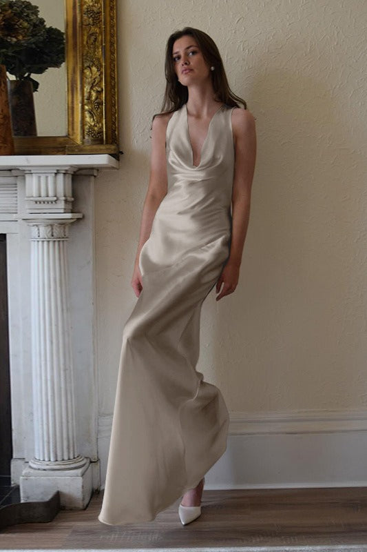 Satin Off Shoulder Cowl Draped Slim Fit Maxi Dress - View 8